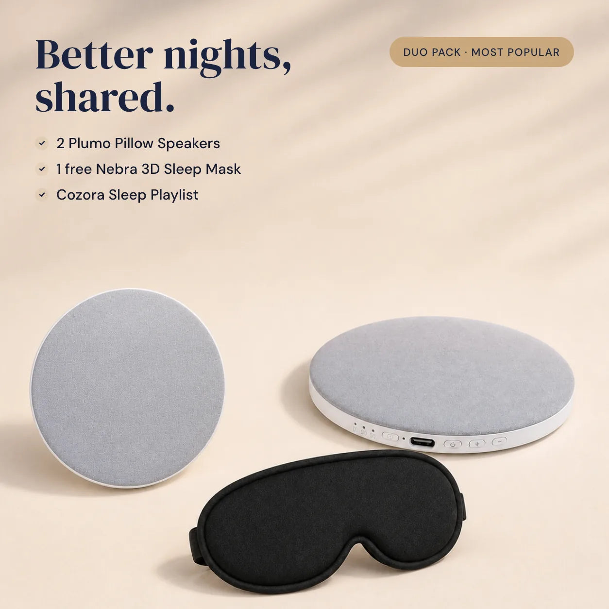 Plumo Duo Pack with two speakers, Nebra sleep mask and Cozora Sleep Playlist